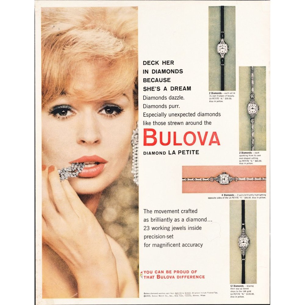1959 Bulova Diamond La Petite Lady's Watch Vintage Print Ad Flirty Blonde Art